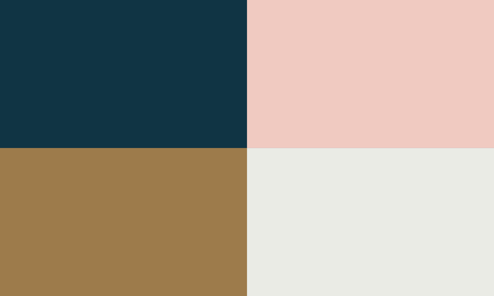 Colour palette of dark blue, salmon pink, gold and pale grey