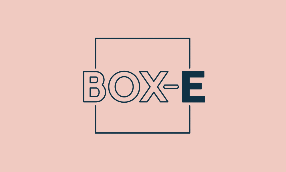 Animated gif showing various colour options for the box-e logo made from the colour palette of dark blue, salmon pink, gold and pale grey