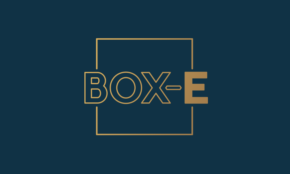 Gold logo for Box-e bristol on dark blue background