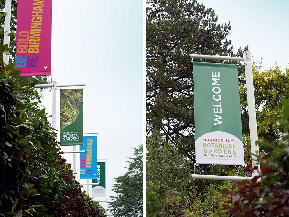Lamp post banners outside Birmingham botanical gardens
