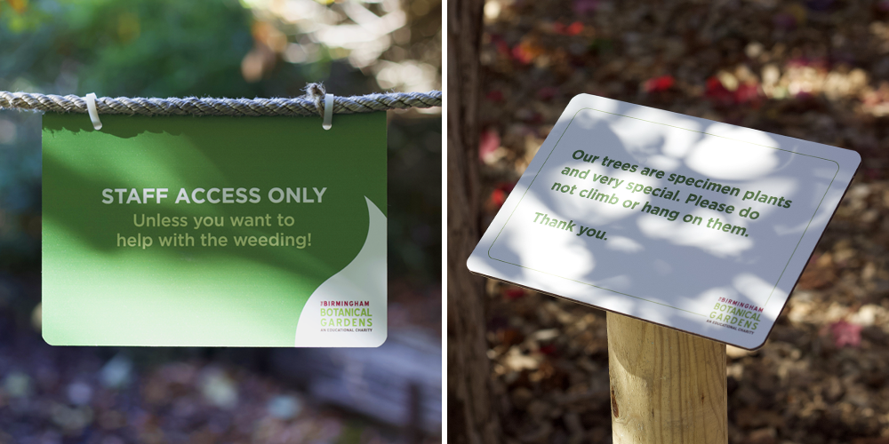Small signage for staff access and specimen trees