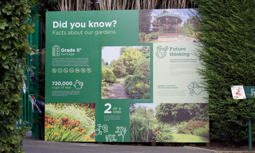 Hoarding panel designs displaying facts about Birmingham Botanical Gardens