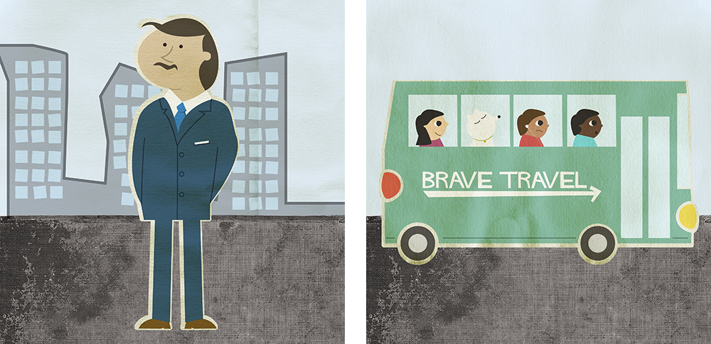 illustration of business man and green bus full of people and a dog