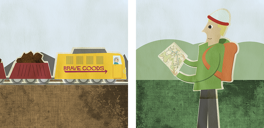 illustrations of a heavy goods train and man hiking