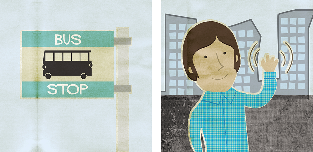 illustrations of a bus stop and man in a blue check shirt waving