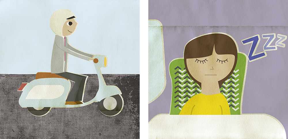 illustrations of man on scooter and woman asleep on a train