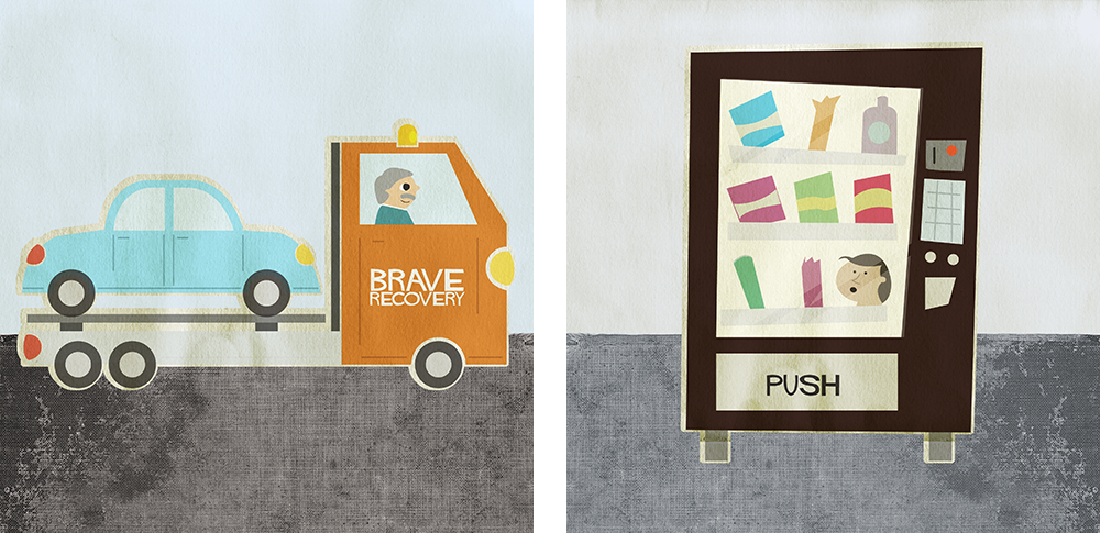 illustrations of a tow truck and a vending machine