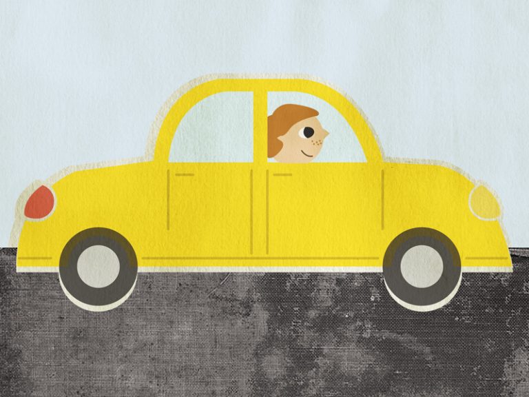 Illustration of a yellow car driven by a ginger man.