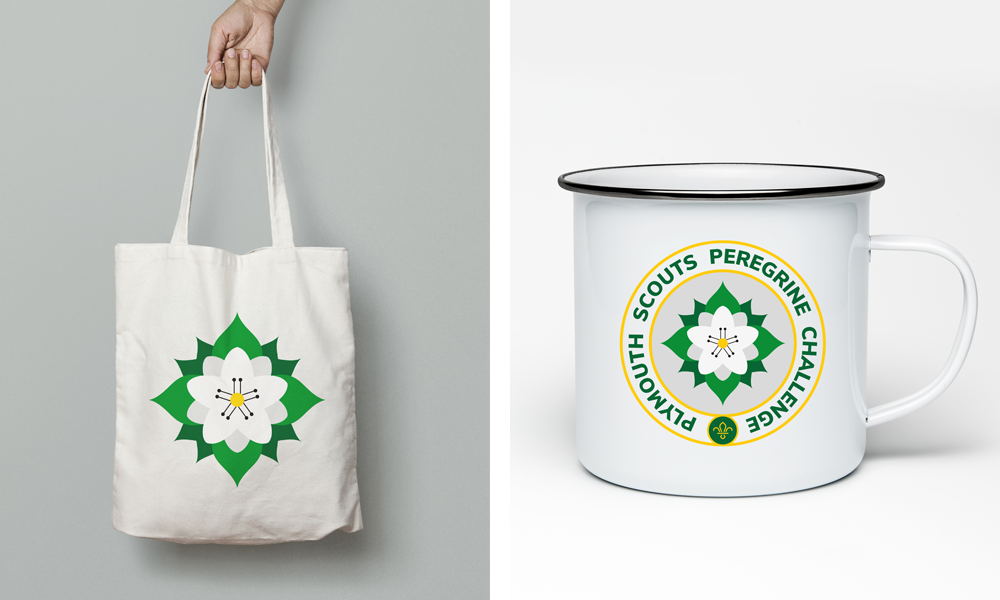 Plymouth Scouts Peregrine Challenge tote bag and enamel mug showing the badge design