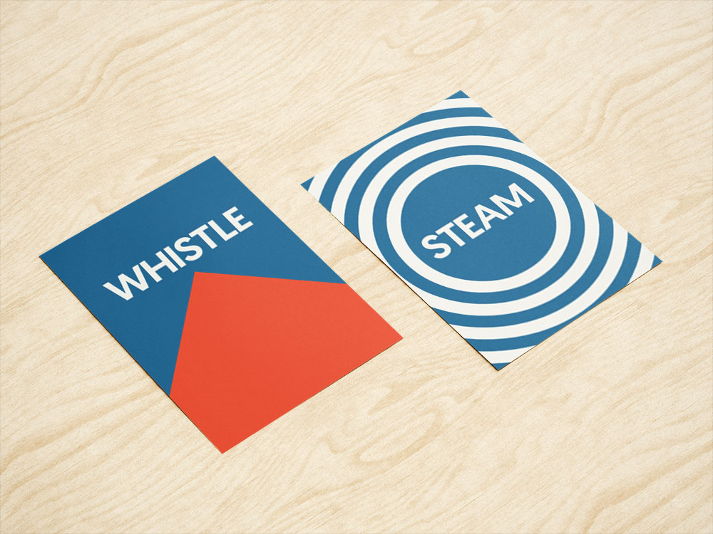 Flyers with bold modern designs that say whistle and steam