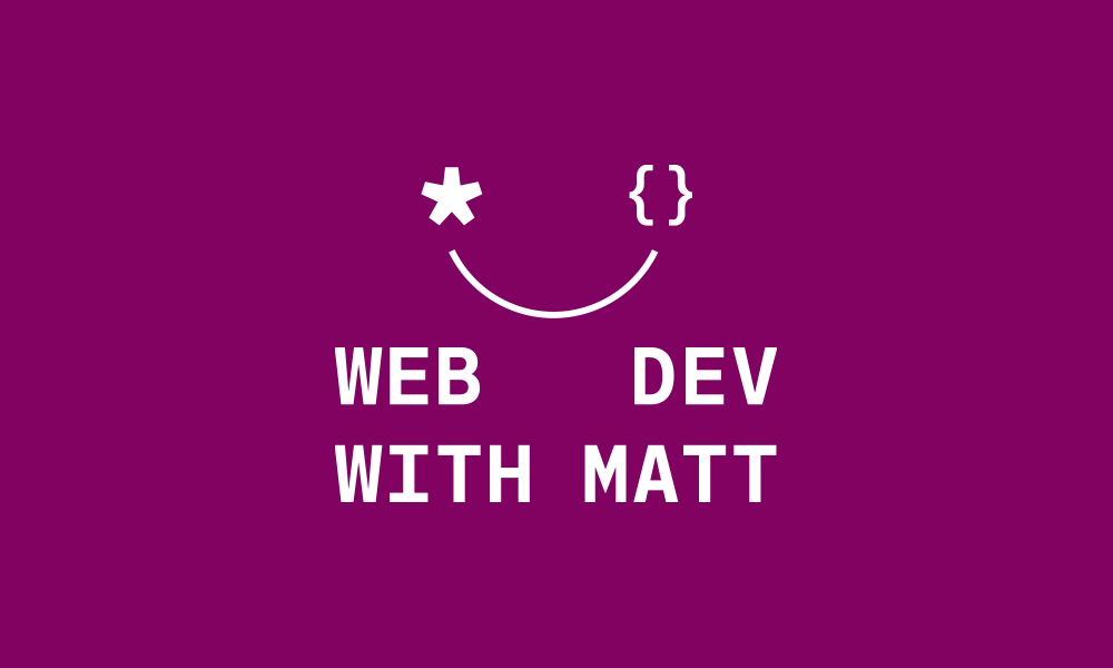 web dev with matt logo design, white on a purple background featuring a smiling face made from an asterisk and brackets
