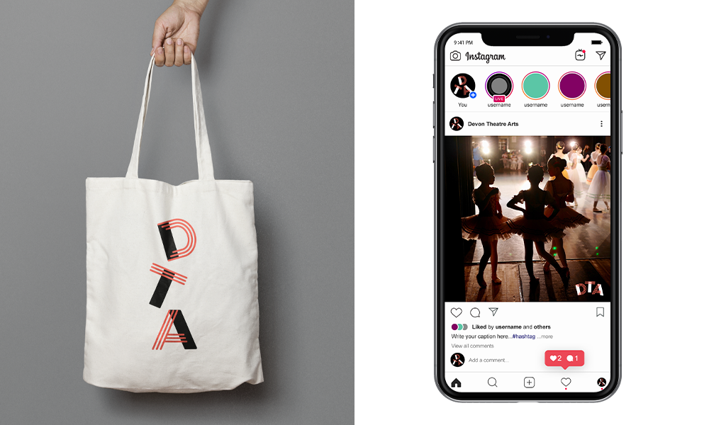 Devon Theatre Arts logo on a tote bag and an iPhone mockup showing a instagram post of young ballerinas