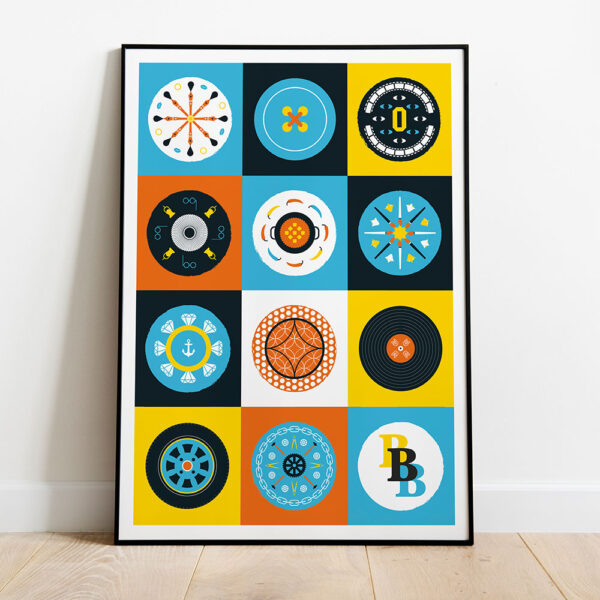 Creative hubs art print by Studio Denley in frame leaning against a white wall