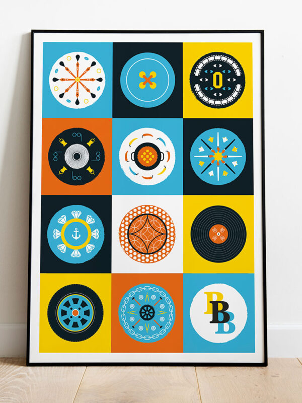 Creative hubs art print by Studio Denley in frame leaning against a white wall