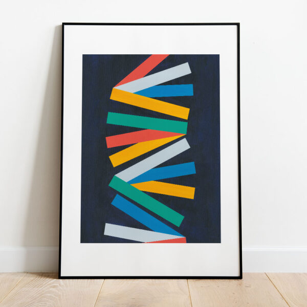 Colourful abstract art print by Studio Denley, framed and leaning against a white wall