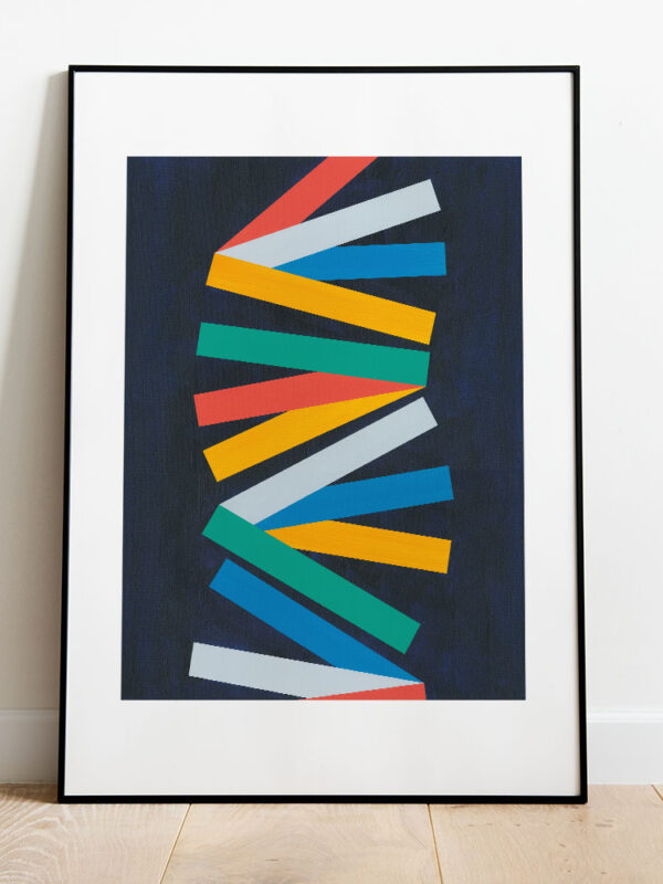 Colourful abstract art print by Studio Denley, framed and leaning against a white wall