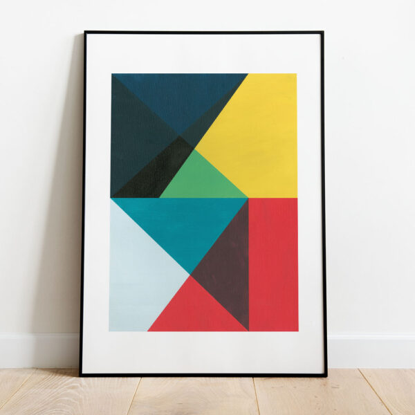 Colourful abstract art print by Studio Denley, framed and leaning against a white wall