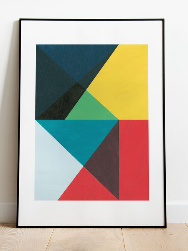 Colourful abstract art print by Studio Denley, framed and leaning against a white wall