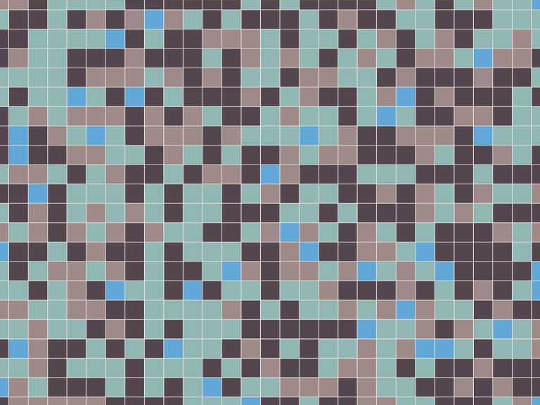 Mosaic style pattern of random blue, brown, beige and turquoise squares