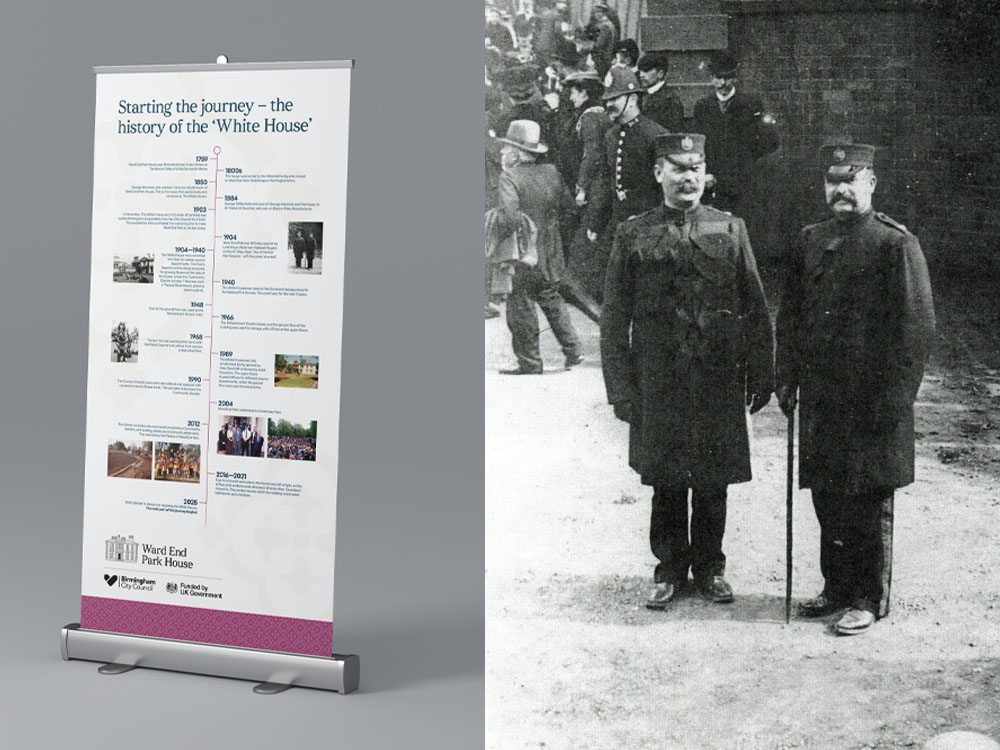 Timeline pop-up banner and photograph of two of the original park keepers in 1904