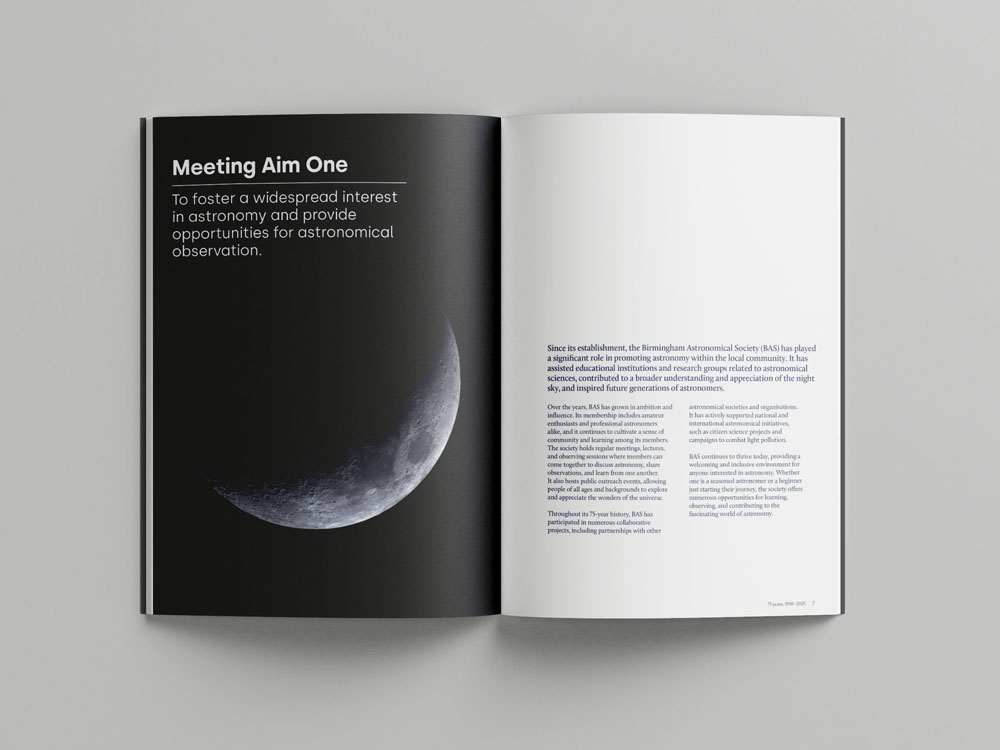 Cover of the Birmingham Astronomical Society 75th anniversary publication featuring a photograph of the moon.